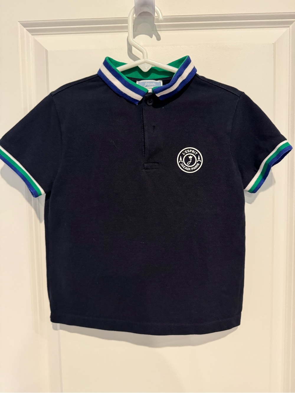 Jacadi Navy Polo with Green and Blue Stripe Trim